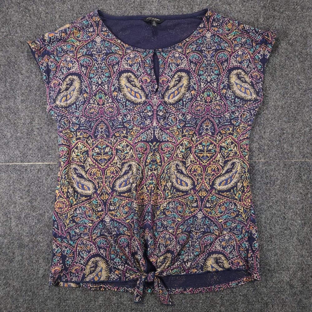 Lucky Brand Paisley Print Short Sleeve Top with Front Tie, Small Multicolor